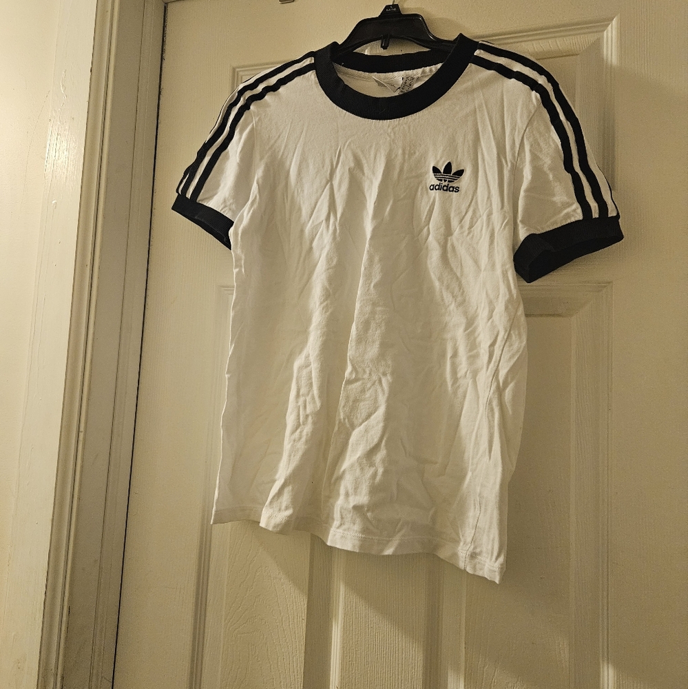 Womens Adidas White T-Shirt with Black Stripes
